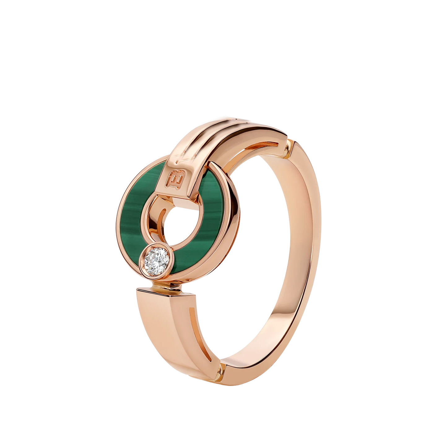 Vente en gros de bijoux OEM/ODM Conception personnalisée Bague en or rose ajourée 18 carats sertie d'éléments en malachite et d'un diamant rond taille brillant Fabricant de bijoux OEM