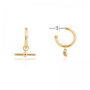 Boucles d'oreilles créoles en T en vermeil en or jaune de conception personnalisée, entreprise de bijoux en argent sterling CZ