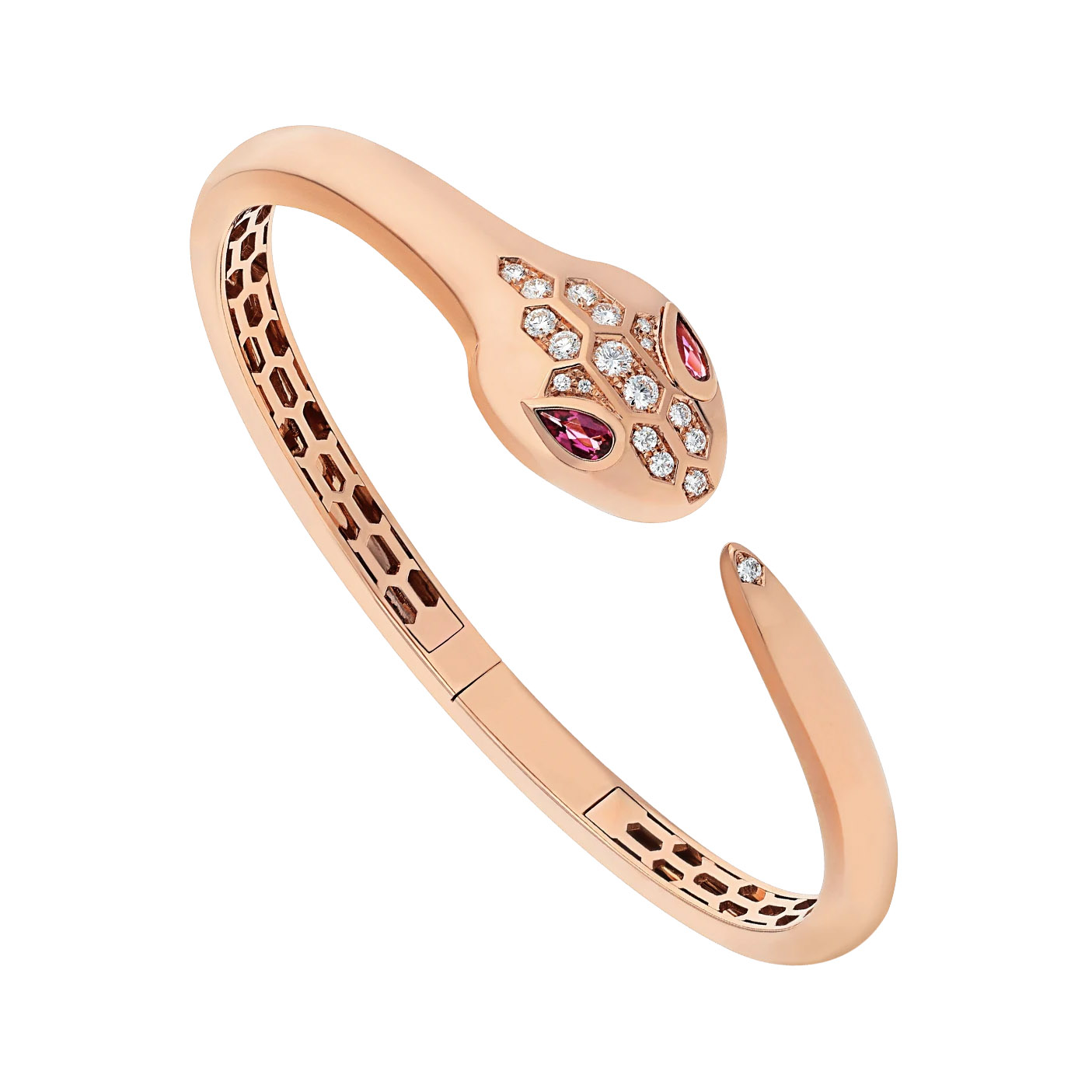 Pulseira de design personalizado no atacado em joias OEM / ODM de 18 kt em ouro rosa, cravejada com olhos de rubelita e diamantes demi-pavé na cabeça e na cauda Fabricante de joias OEM