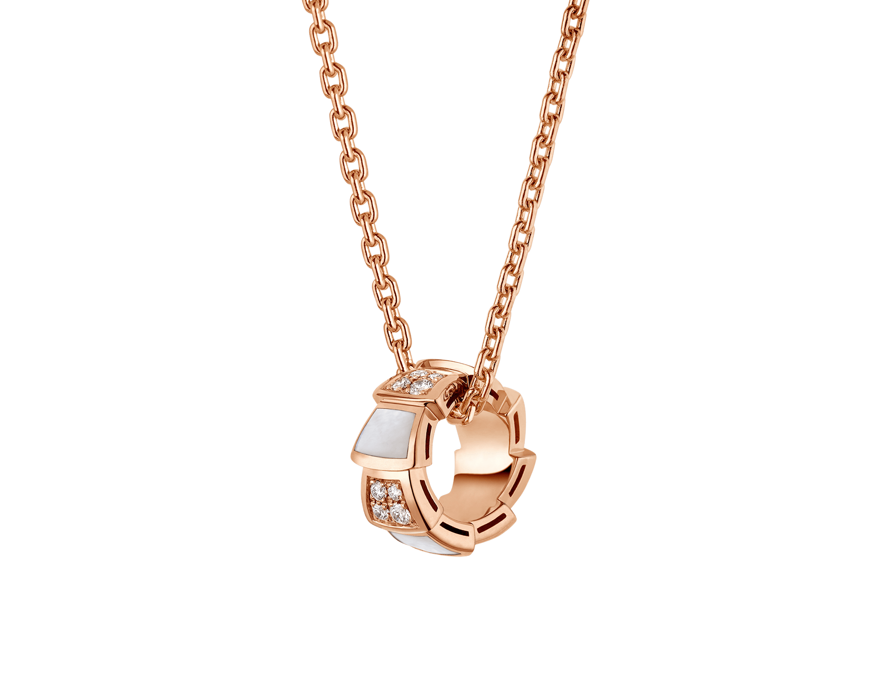 Venta al por mayor de joyería de diseño personalizado, collar de oro rosa de 18 quilates con elementos de nácar y pavé de diamantes en el colgante. Joyería OEM/ODM