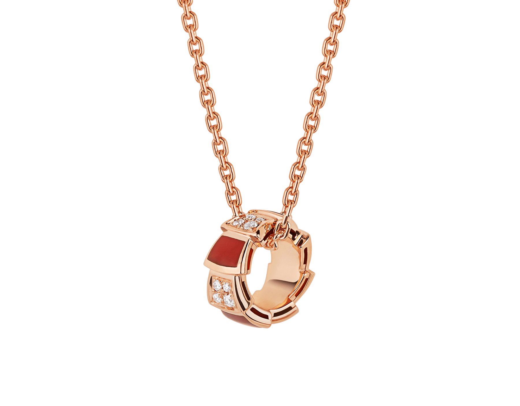 Venta al por mayor Collar de joyería OEM/ODM de diseño personalizado con cadena en oro rosa de 18 qt y colgante en oro rosa de 18 qt con elementos de cornalina y semipavé de diamantes.