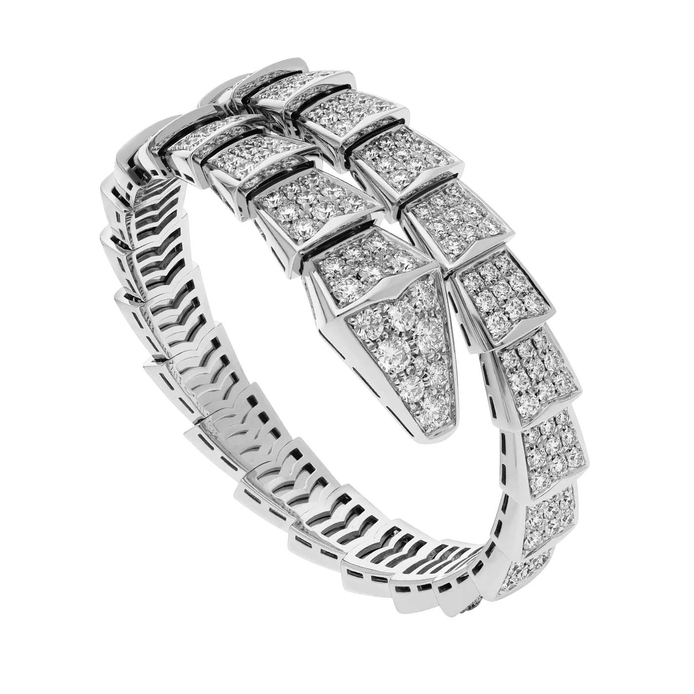 Wholesale OEM/ODM Jewelry Custom design one-coil bracelet in 18 kt white gold, set with full pavé diamonds OEM jewelry service