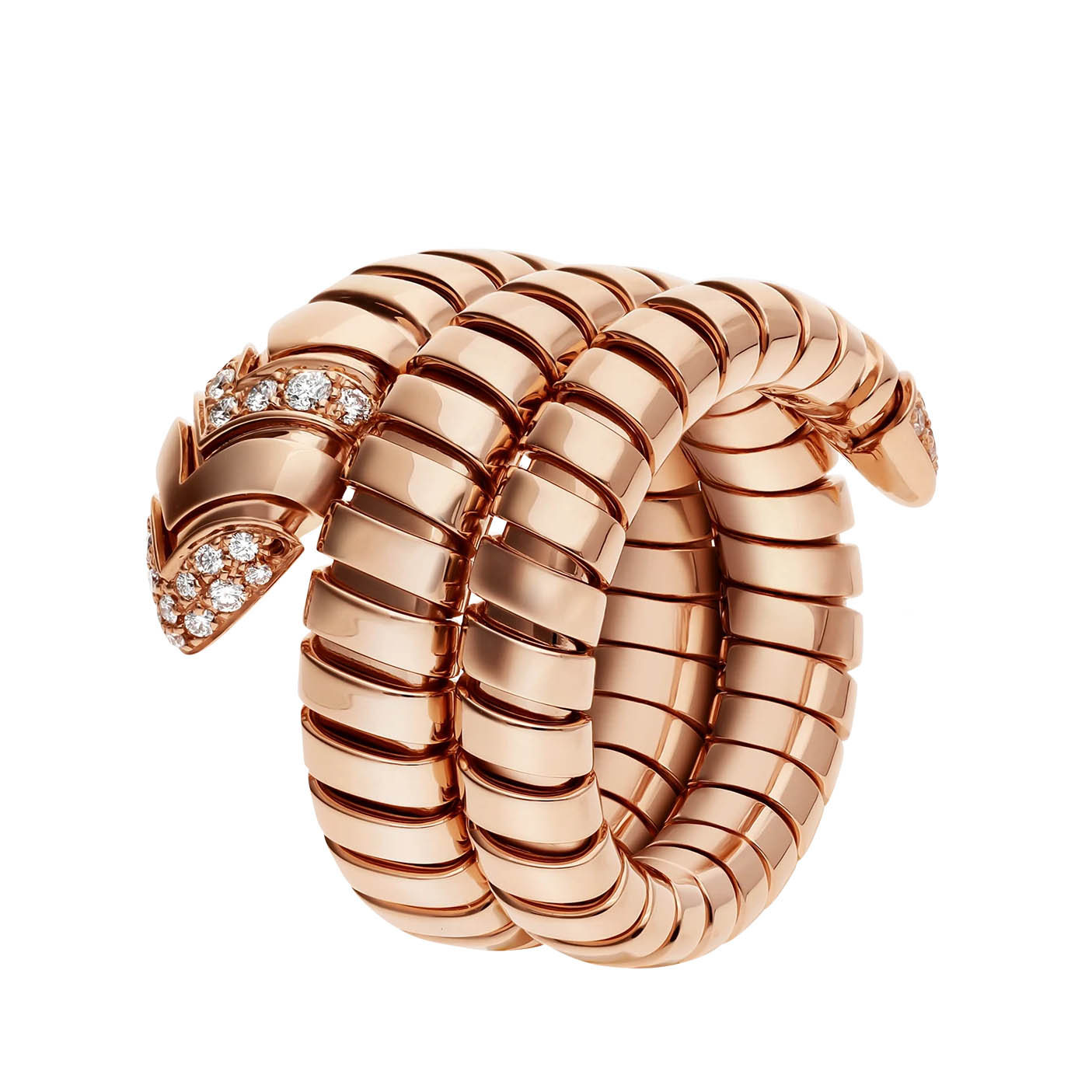 Venta al por mayor Anillo doble espiral de diseño personalizado Joyería OEM/ODM en oro rosa de 18 kt, engastado con pavé de diamantes en la cola y la cabeza Fabricantes de joyería OEM