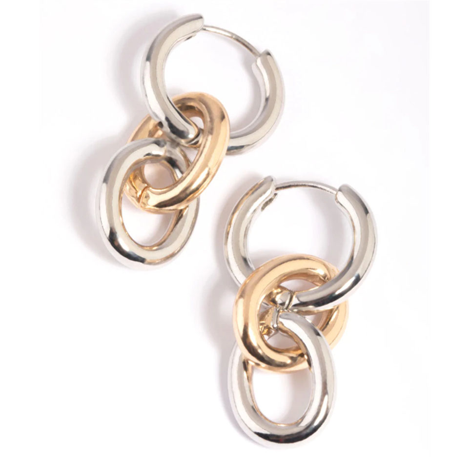 Custom italian jewelry Mixed Metal Triple Chain Huggie Hoop Earrings