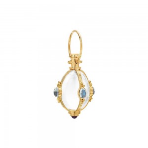 Bijoux personnalisés Amulette cabochon classique en or jaune 18 carats avec cristal de roche ovale, pierre de lune bleu royal et tanzanite et collier chaîne ovale 18 carats