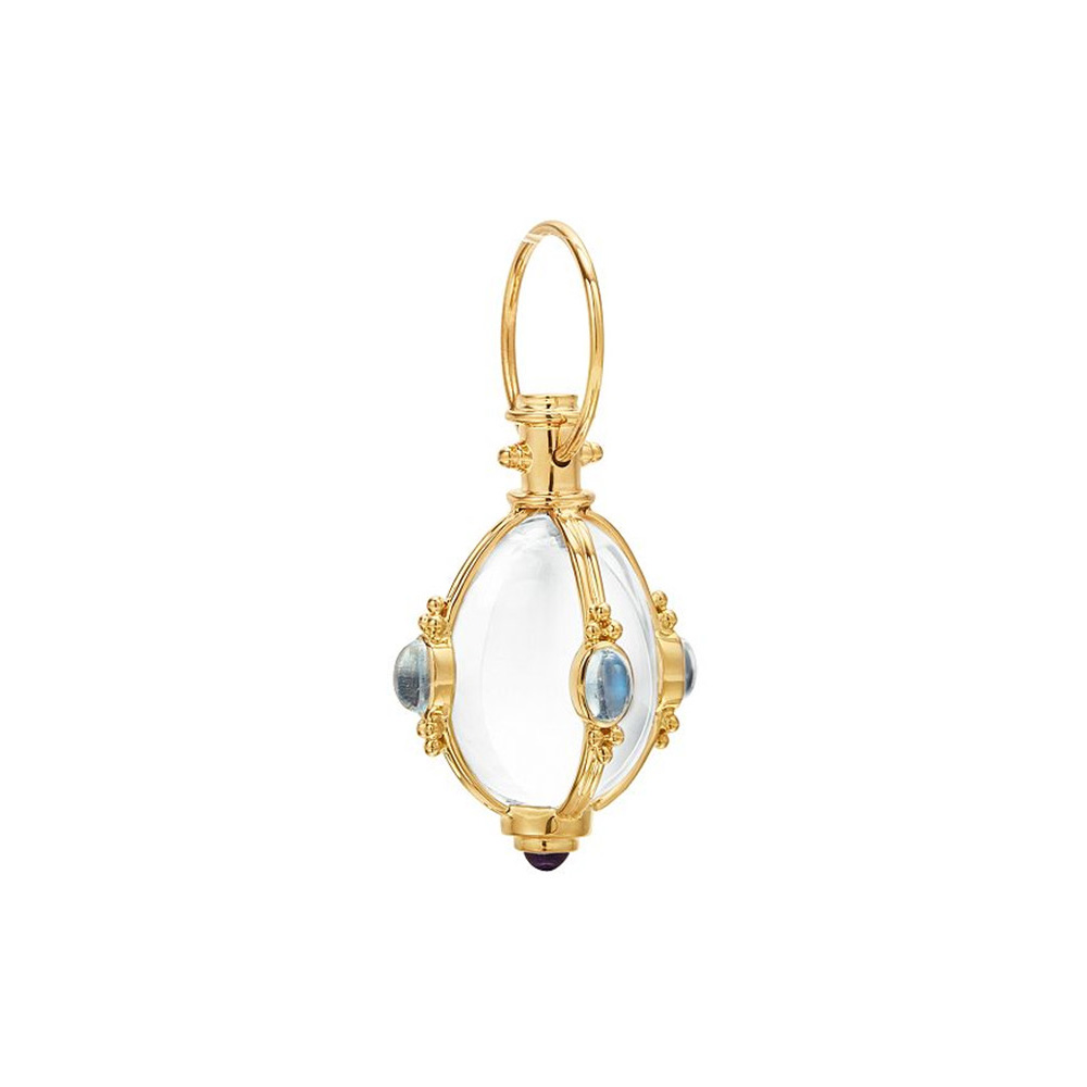 Custom jewelry 18K Yellow Gold Classic Cabochon Amulet with Oval Rock Crystal, Royal Blue Moonstone and Tanzanite and 18K Oval Chain Necklace