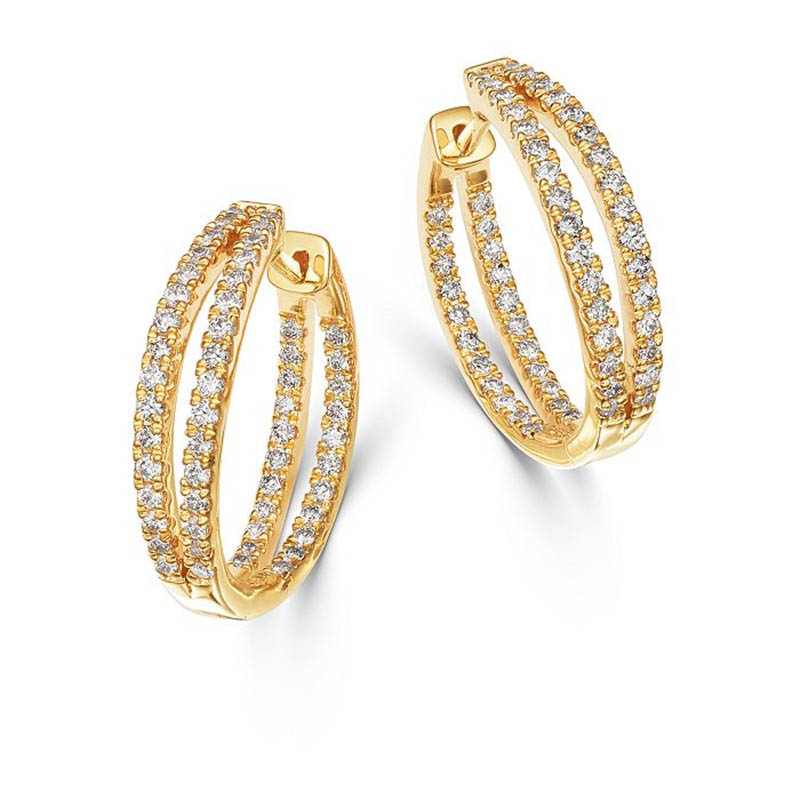 Custom jewelry, CZ Double Split Row Inside Out Hoop Earrings in 14K Yellow Gold Vermeil Plated 925 Silver wholesale