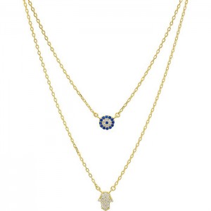 Производитель ювелирных изделий на заказ Ожерелье с подвеской «Хамса» из двух нитей из позолоченного серебра 14 карат или стерлингового серебра