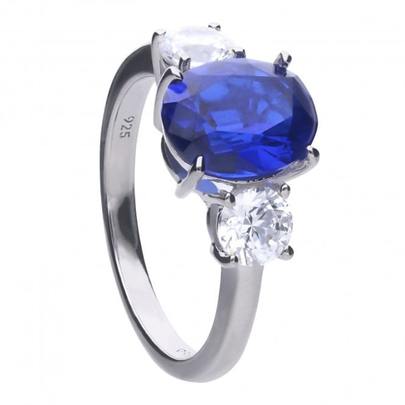 Fabricante de joyas personalizadas para mayorista de anillos de trilogía de plata de ley chapada en rodio con circonita blanca y zafiro ovalado personalizados