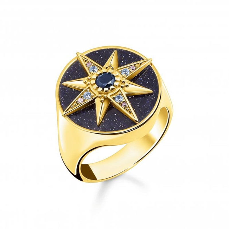 Angrosist de bijuterii personalizate a făcut inel cu sigiliu cu stea cosmică CZ placat cu aur galben de culoare argint 925