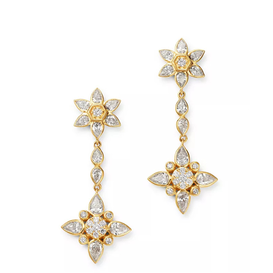 Custom made CZ Flower Drop Earrings in 14K Yellow Gold Vermeil jewelry factory wholesale