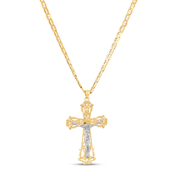 Colier cu lanț crucifix la comandă cu ridicata, aur bi-ton de 14K, OEM/ODM, bijuterii, angrosist de bijuterii din argint