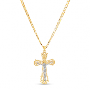 Collar de cadena de crucifijo hecho a medida Mayorista de joyas de plata esterlina en oro de dos tonos de 14 quilates
