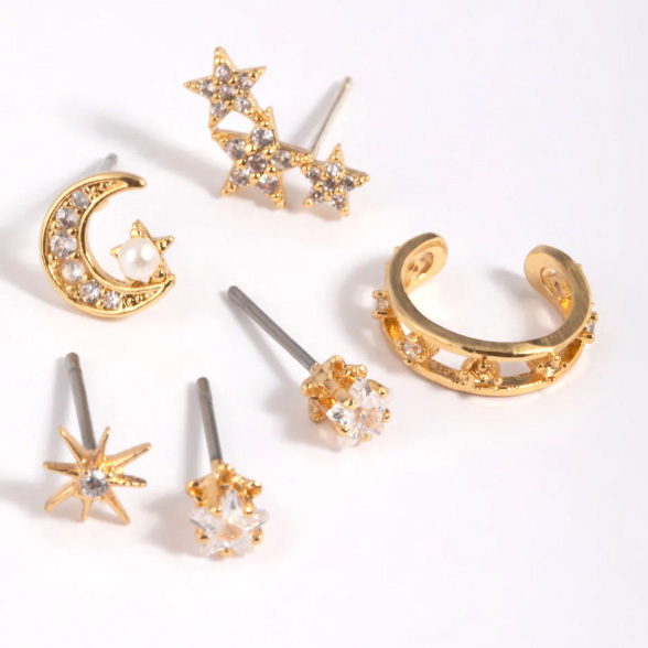Confezione di orecchini a bottone celestiali con zirconi cubici placcati in oro su misura, il design italiano di gioielli più alla moda per le donne