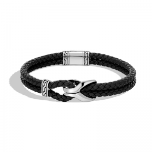 Custom made Men’s Asli Classic Chain Link Bracelet Black Leather 925 Sterling Silver jewelry OEM