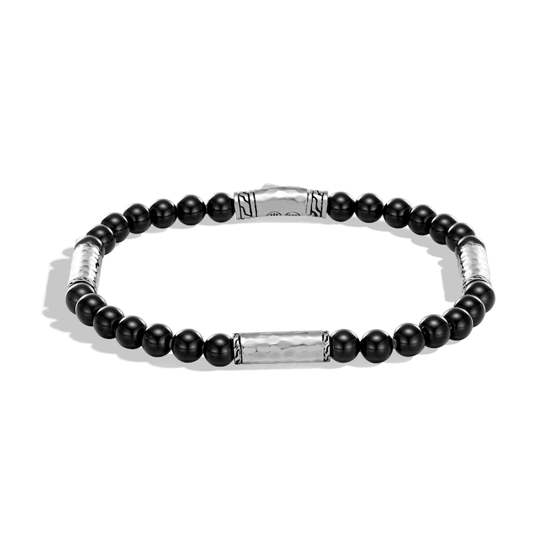 Custom made Men’s Classic Chain Hammered Station Bracelet Natural Black Onyx 925 Sterling Silver jewelry