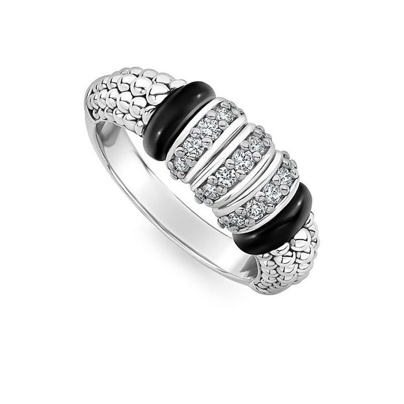 Custom made Sterling Silver Black Caviar CZ & Black Ceramic Statement Ring jóias OEM ODM fabricante atacado