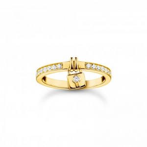 Anillo con candado colgante de circonia blanca relleno de oro amarillo hecho a medida para mayorista de joyas de plata 925