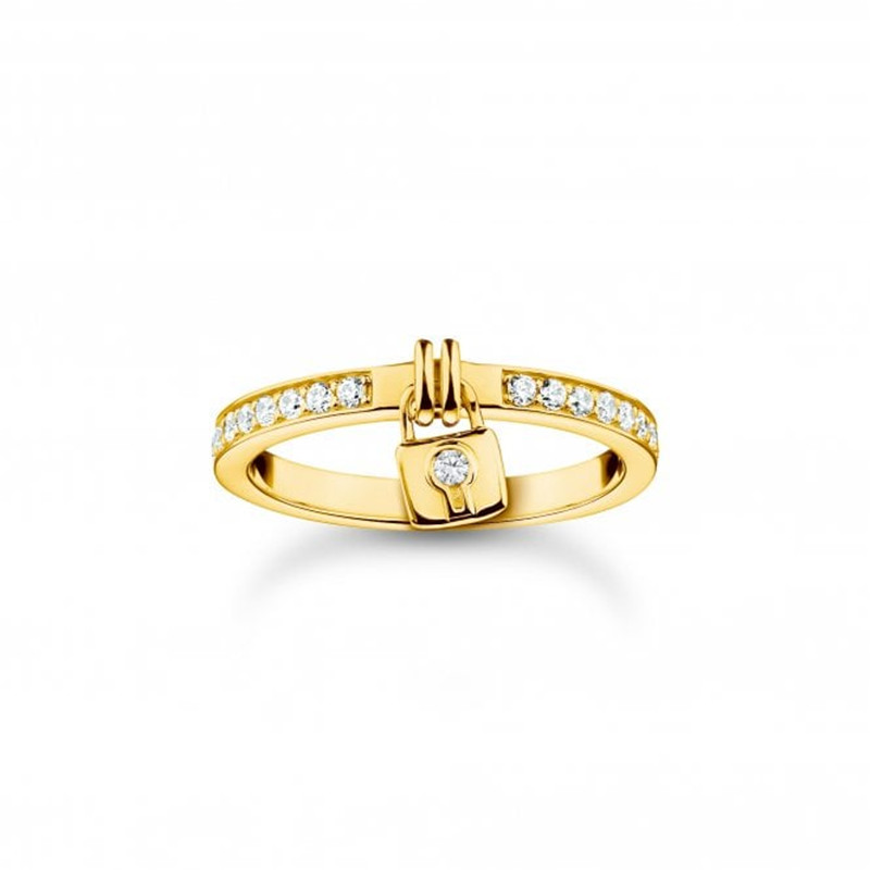 Anillo con candado colgante de circonia blanca relleno de oro amarillo hecho a medida para mayorista de joyas de plata 925