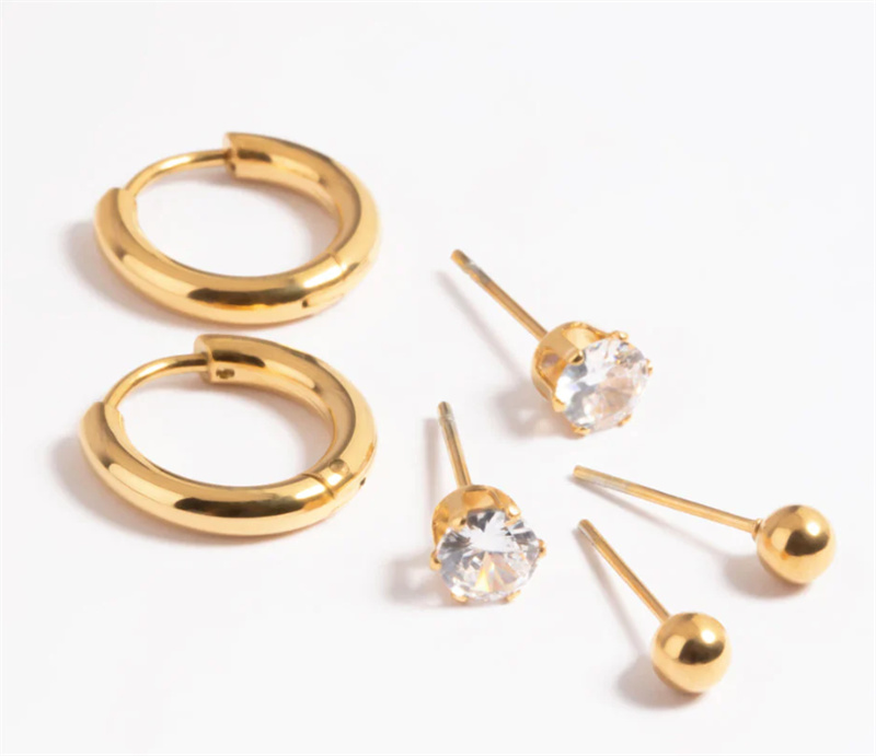 Perhiasan fashion yang dibuat khusus Kancing Zirkonia Kubik Baja Bedah Berlapis Emas dan Paket Anting Huggie
