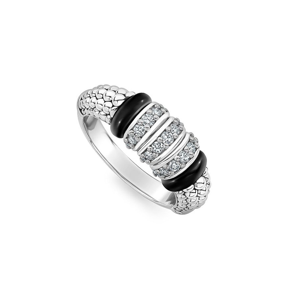 Mayorista de joyas hechas a medida para plata de ley con circonitas de caviar negro y anillos llamativos de cerámica negra