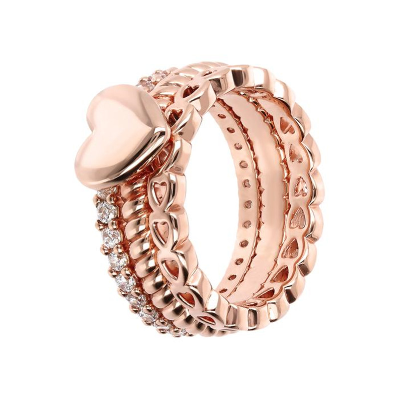 Mayorista de anillos chapados en rosa dorados especiales de fabricación personalizada con corazones y circonita cúbica