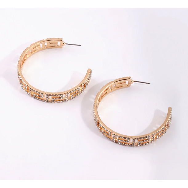 Custom silver jewelry Gold CZ Simulated Diamond Greek Key Hoop Earrings