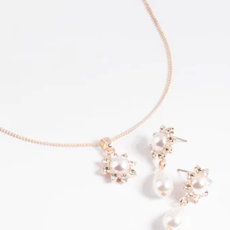 Pasgemaakte groothandel 925 silwer juweliersware verskaffer Rose Gold Filled Pearl Flower Ketting en Drop Oorbelle Stel