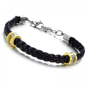 Custom wholesale men’s leather bracelet with 925 sterling silver vermeil yellow gold