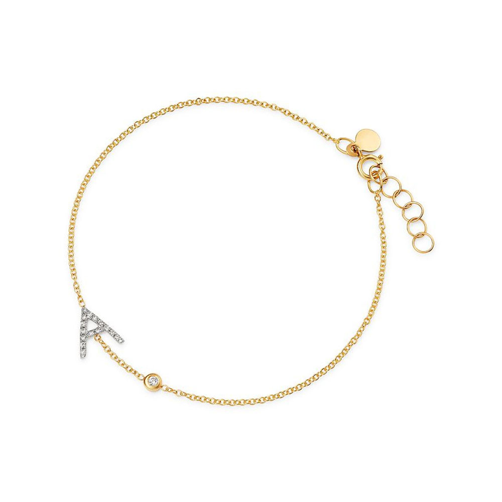 Grossiste de bijoux personnalisés, bracelet OEM en or jaune 14 carats avec initiale et lunette