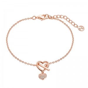 Conception personnalisée 925 argent CZ fabricant de bijoux OEM ODM coeur T-bar bracelet en or Rose Vermeil