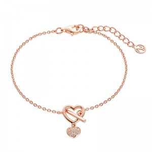 Kundenspezifisches Design 925 Silber CZ Schmuckhersteller OEM ODM Herz T-Bar Roségold Vermeil Armband