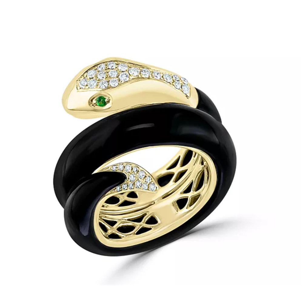 Fábrica de marcas de prata esterlina da Dinamarca Design personalizado Onyx, Tsavorite e CZ Snake Ring em ouro amarelo 14K Vermeil