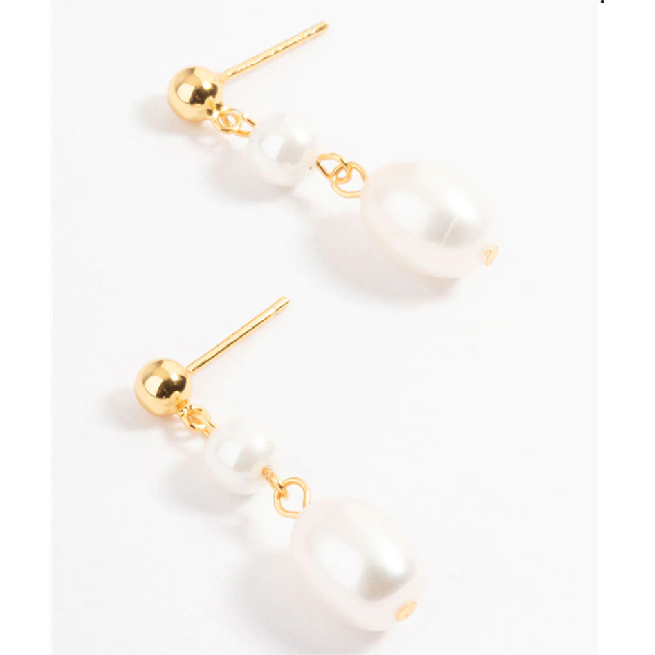 Fashion custom jewelry wholesale Gold Plated Sterling Silver Double Faux Pearl Drop Earrings