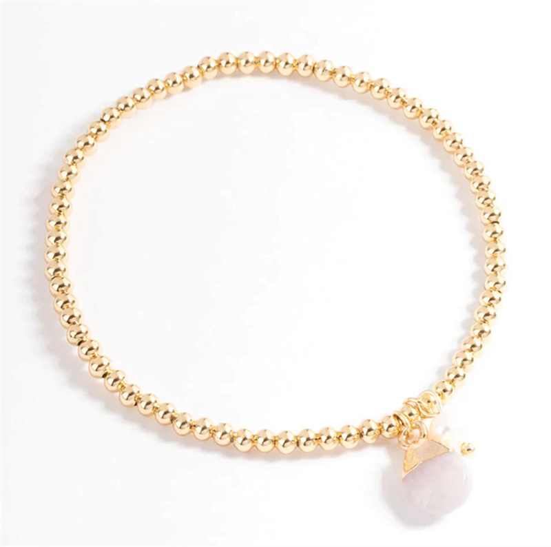 Gold Plated Rose Quartz Freshwater Pearl Ball Stretch Bracelet gold filled wholesale jewelry supplier
