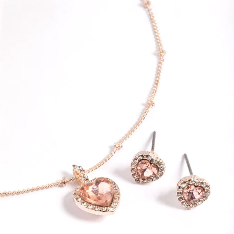 Gioielli realizzati in vermeil d'oro, collana con sfera a forma di cuore placcata in oro rosa e set di orecchini a bottone
