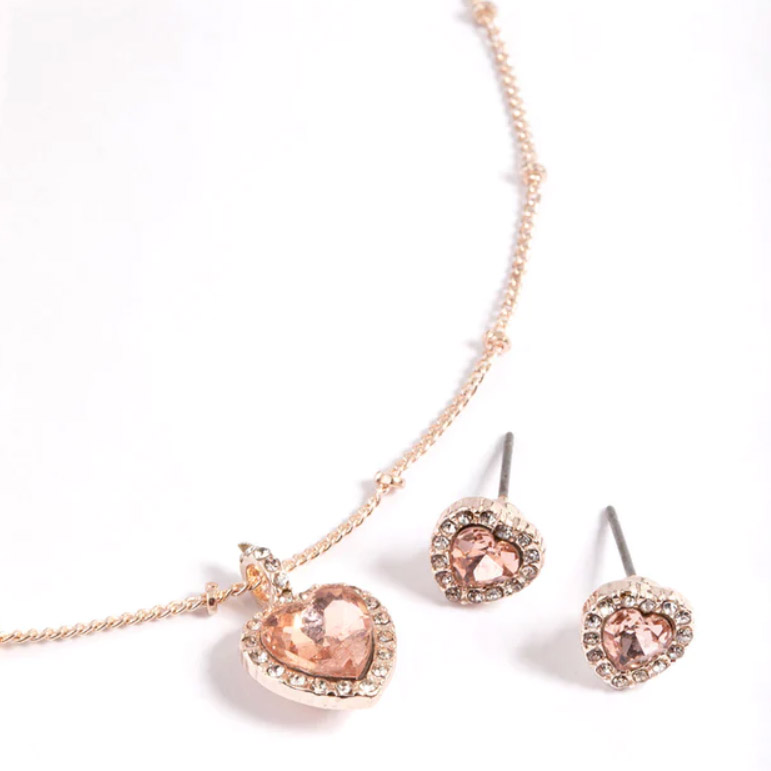 Set aus rosévergoldetem Herz-Halo-Kugel-Halsketten- und Ohrstecker-Set aus Gold-Vermeil-Schmuck