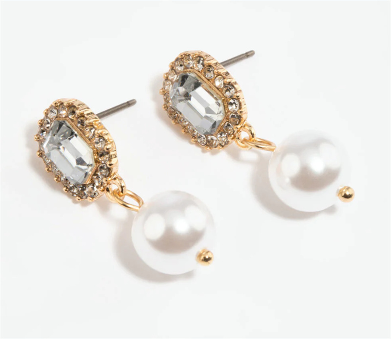 Pendientes colgantes imitación oro con diamantes (circonitas cúbicas) y perlas en plata de ley fabricante