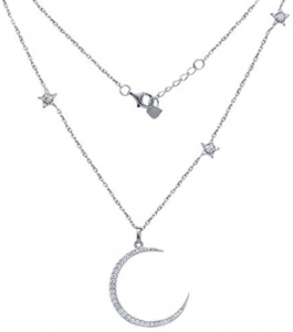 Colar com pingente de meia lua e estrelas em prata esterlina personalizado no atacado com pingente CZ, prata 925, comprimento de corrente ajustável de 16 a 18 polegadas