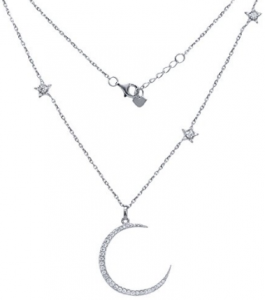 Collana personalizzata all'ingrosso con ciondolo mezzaluna e stelle in argento sterling con ciondolo CZ, argento 925, lunghezza catena regolabile 16 pollici - 18 pollici