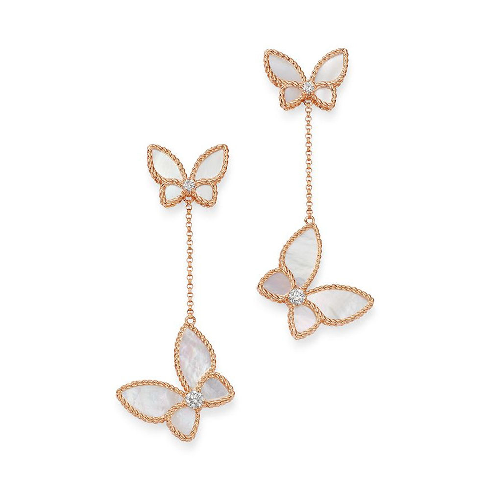 Concevoir votre fabricant de boucles d'oreilles pendantes en nacre et papillon en or rose 18 carats