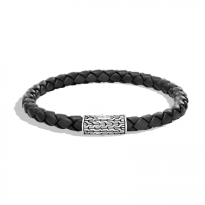 Großhandel für Herren, klassisches Kettenarmband aus schwarzem Leder, Sterlingsilber, kundenspezifischer OEM/ODM-Schmuck, Großhandel für Schmucklieferanten