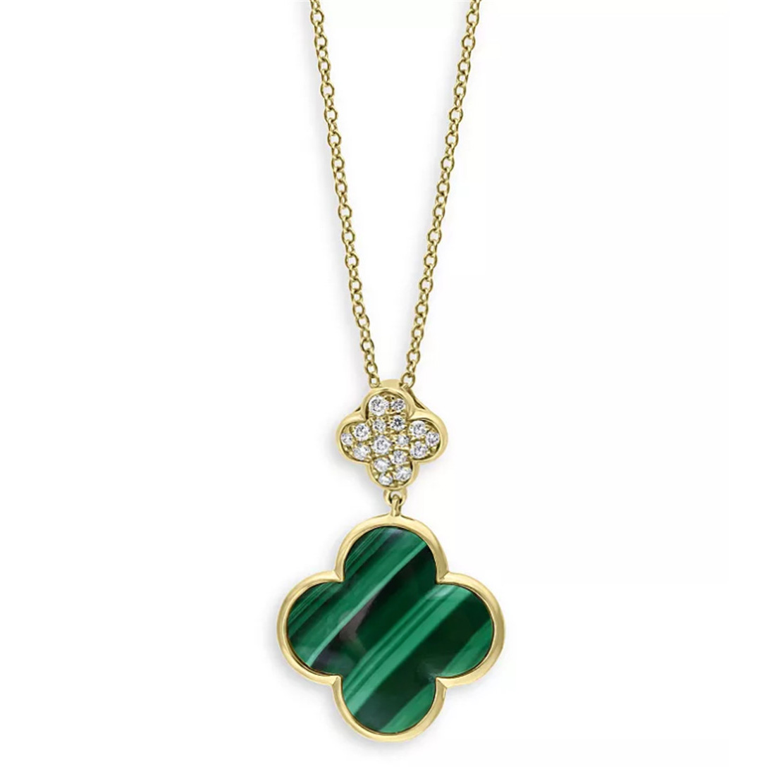 Rivenditori di gioielli in argento olandesi Collana personalizzata con ciondolo doppio trifoglio con malachite e diamanti in oro giallo 14 carati vermeil