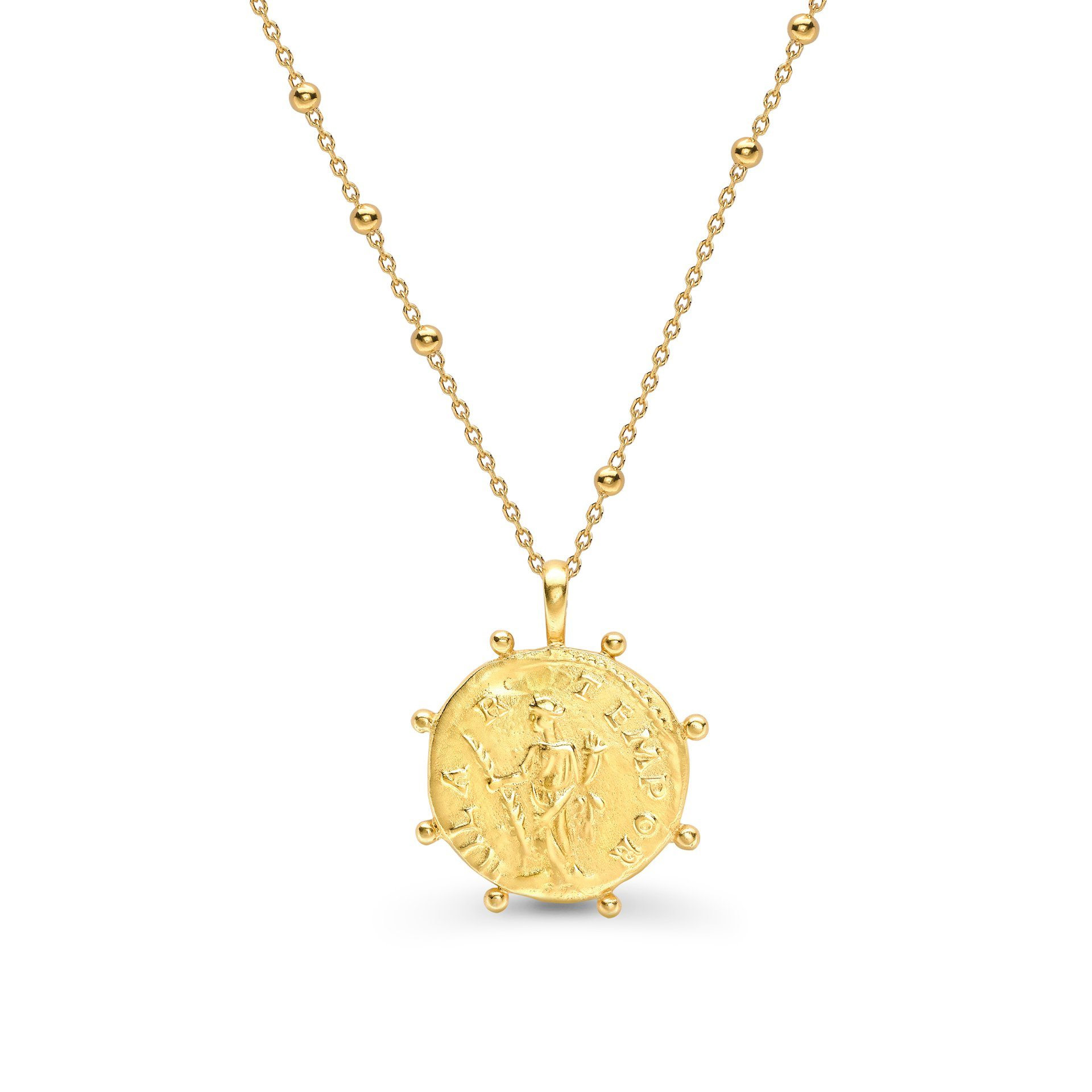 Grossist OEM/ODM smycken 18 karat guld-vermeil halsband med romerskt mynt på en pärlkedja silversmycken