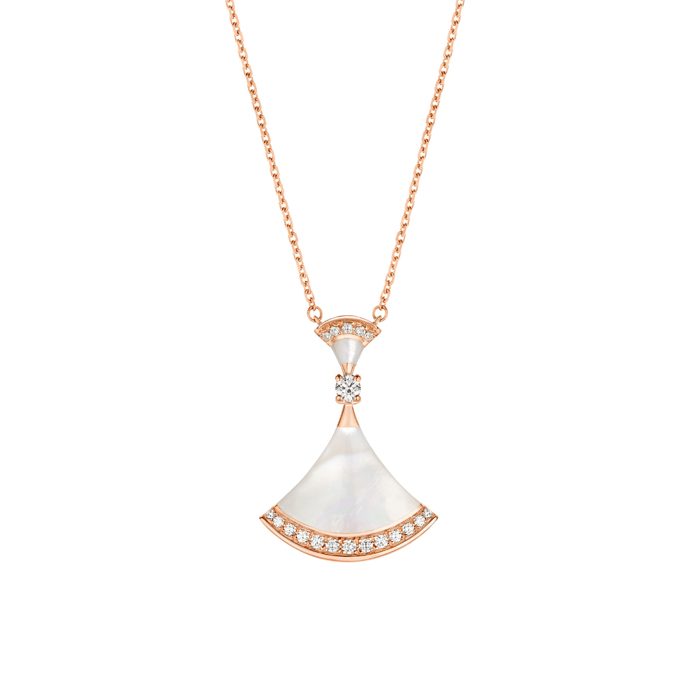 Grossist OEM ODM 18 kt roséguld OEM/ODM Smyckeshalsband med pärlemorelement, en rund briljantslipad diamant och pavédiamanter Specialdesignade smycken Leverantörer