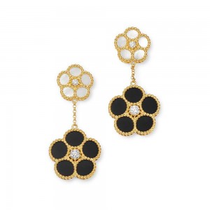 OEM ODM 18K Yellow Gold Mixed Daisy Mother of Pearl, Onyx & CZ Flower Drop Earrings Jewelry manufacturer
