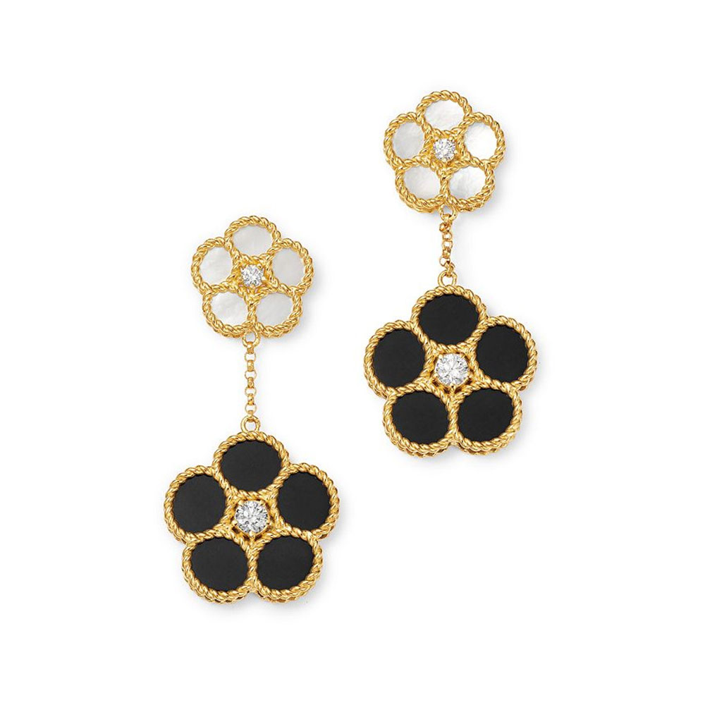 OEM ODM 18K or jaune mixte marguerite nacre, Onyx et CZ fleur boucles d'oreilles fabricant de bijoux