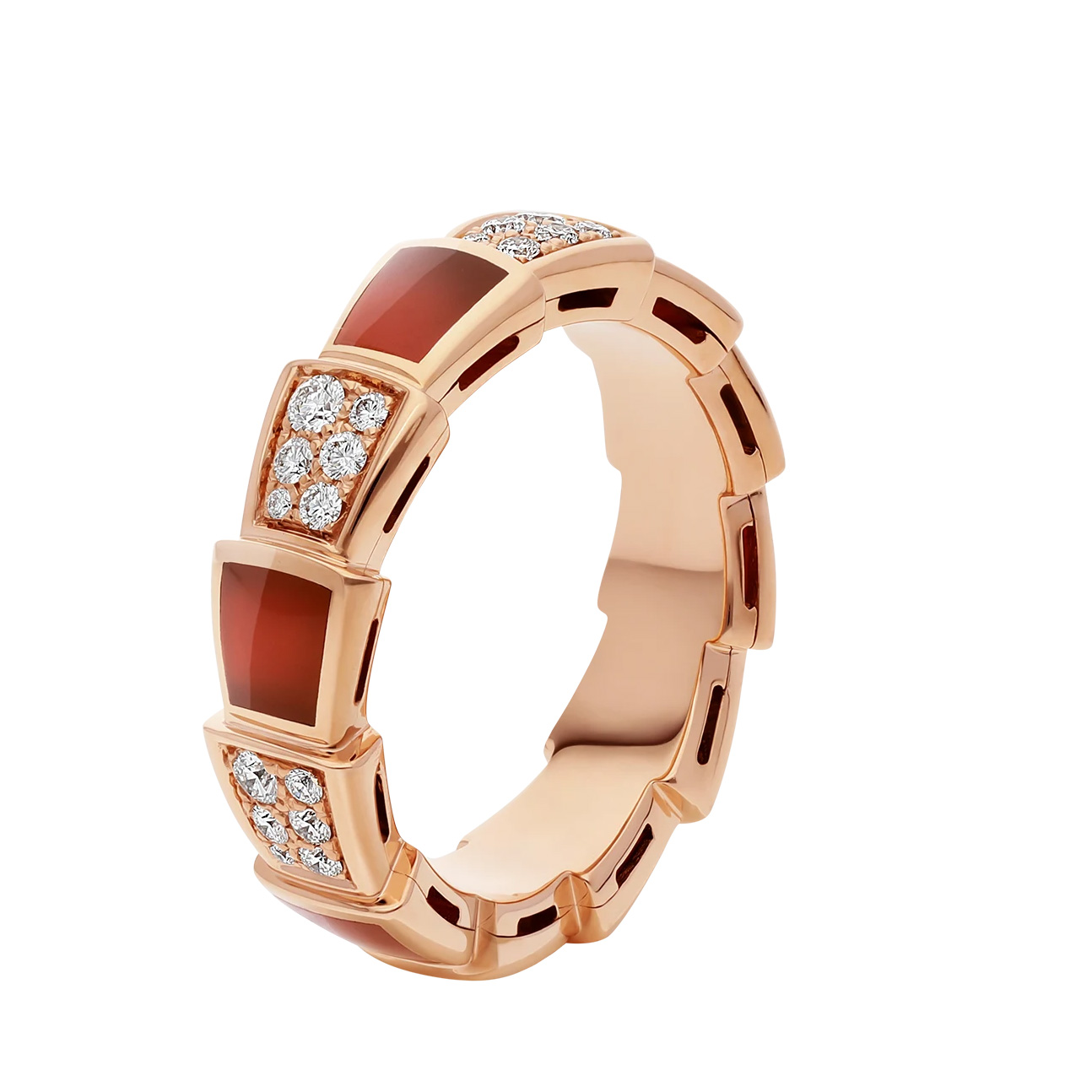 Anillo de banda OEM al por mayor en oro rosa de 18 kt. Joyería OEM/ODM, engastado con elementos de cornalina y pavé de diamantes. Diseño personalizado.