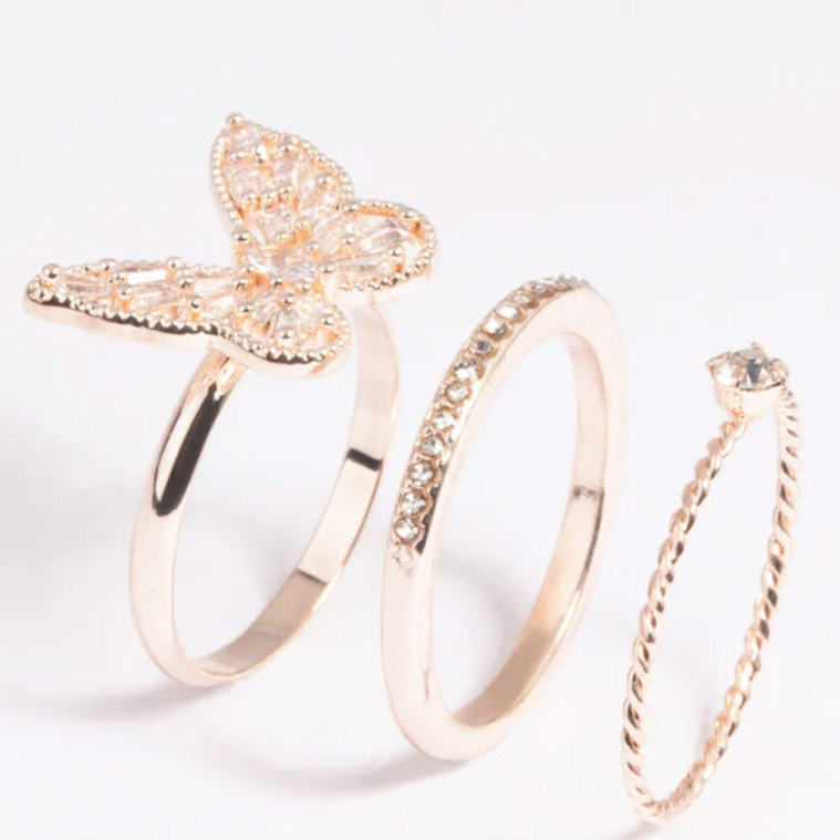 Rose Gold plated Butterfly Ring Pack OEM Jewelry are made of 925 silver with 5A CZs