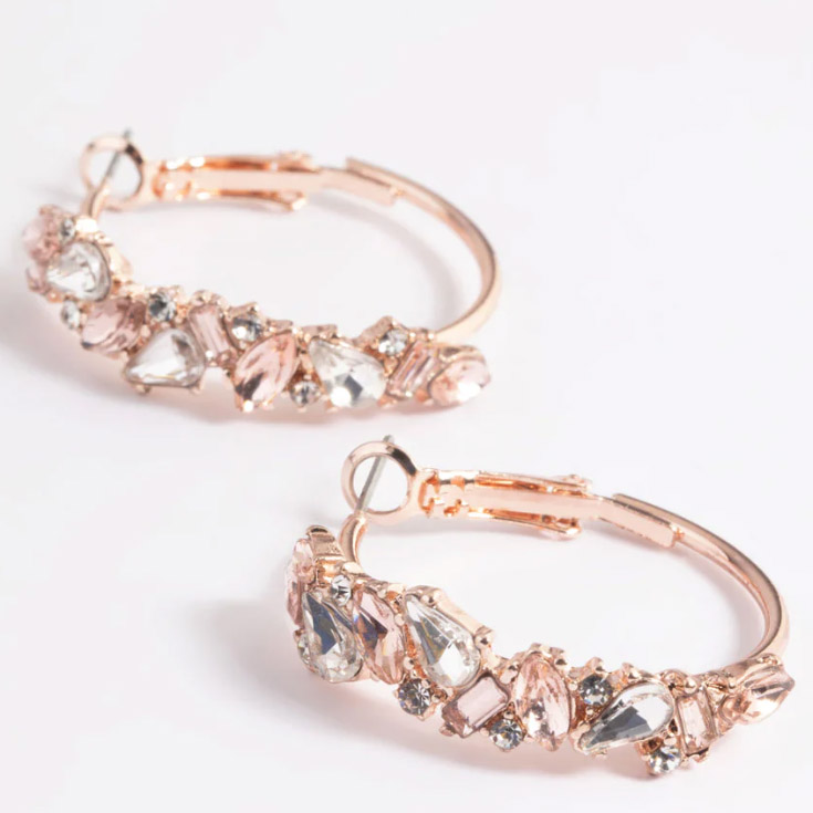 Rose Gold plated  Mini Cluster Diamante Hoop Earrings Women’s Custom Sterling Silver Rings